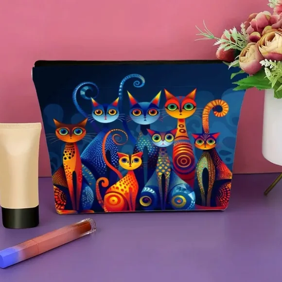 Waterproof Canvas Funny Cat Makeup Bag Cosmetic Pouch Toiletries Roomy - Picture 2 of 5